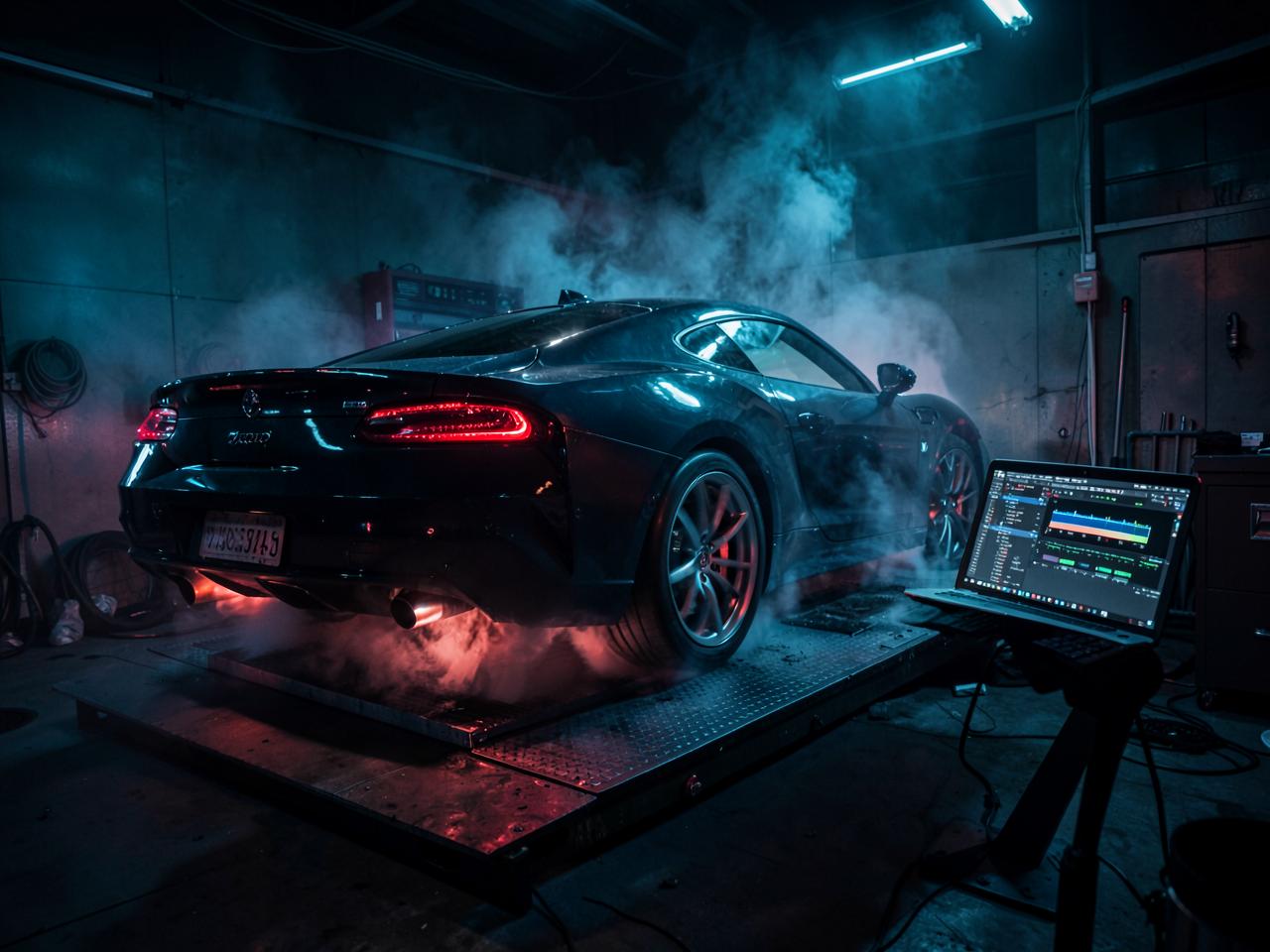 Car strapped to a dynamometer during a tuning session
