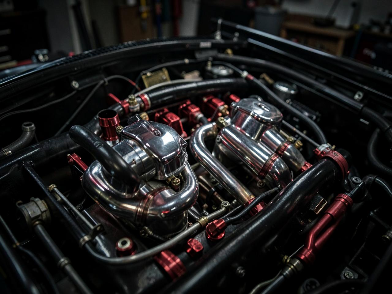 Twin turbo engine bay built at Nemesis Performance