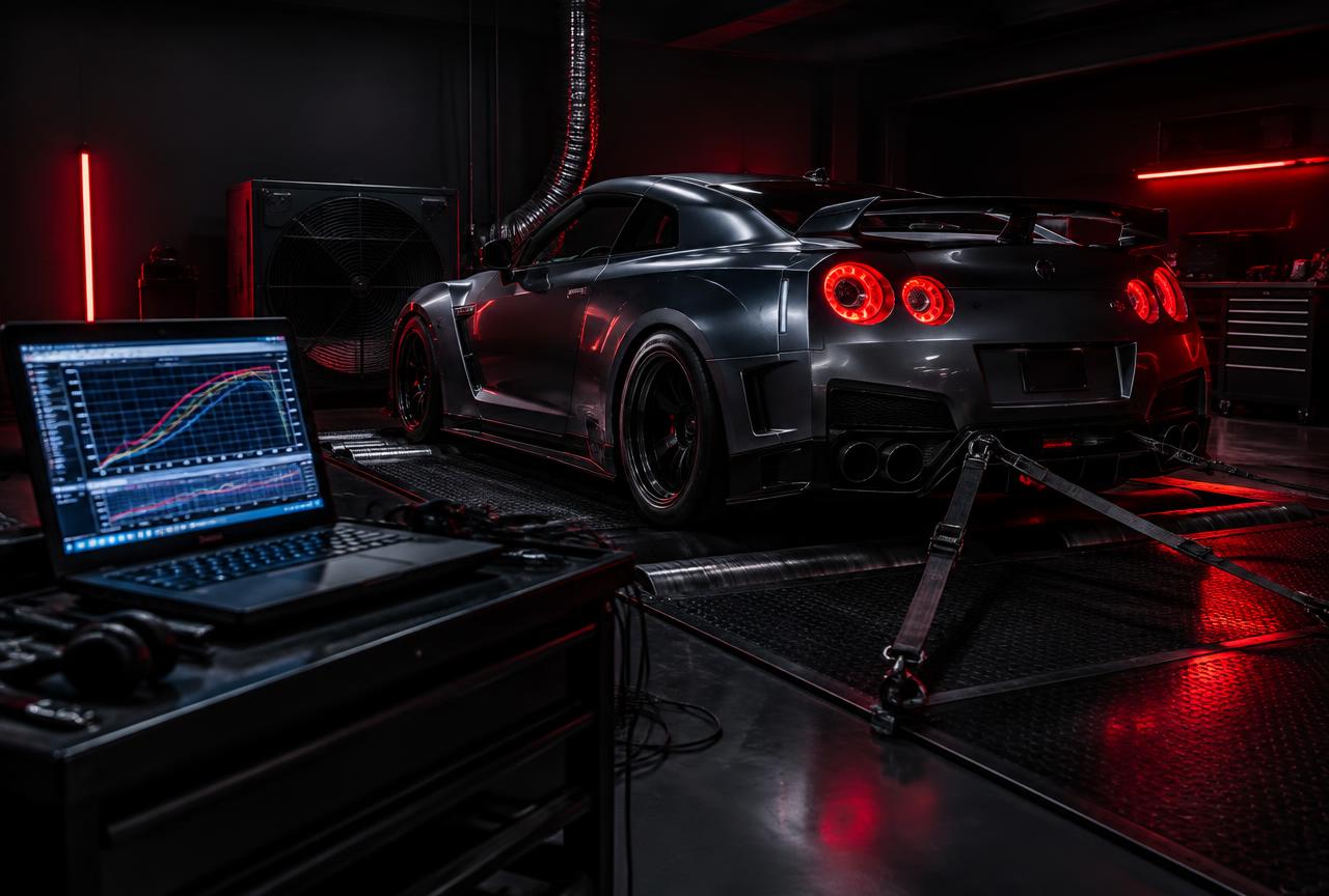 Performance car secured on the dyno for ECU tuning