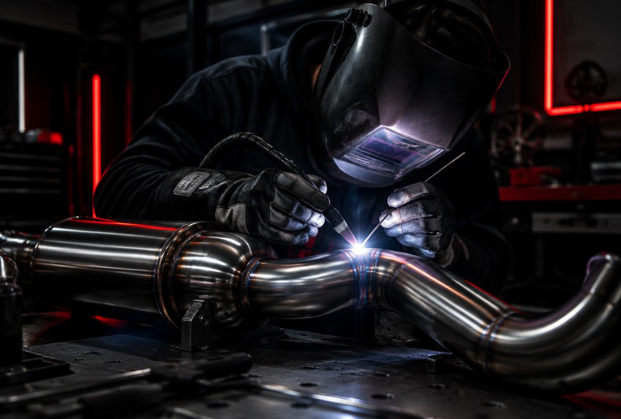 Fabricator TIG-welding a stainless exhaust system