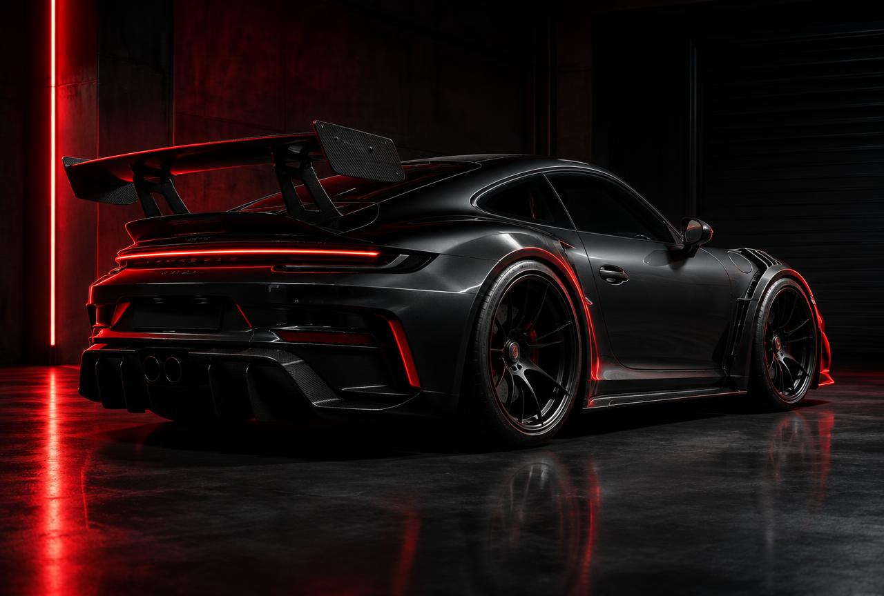 Wide-body sports car with carbon wing and forged wheels under red lighting