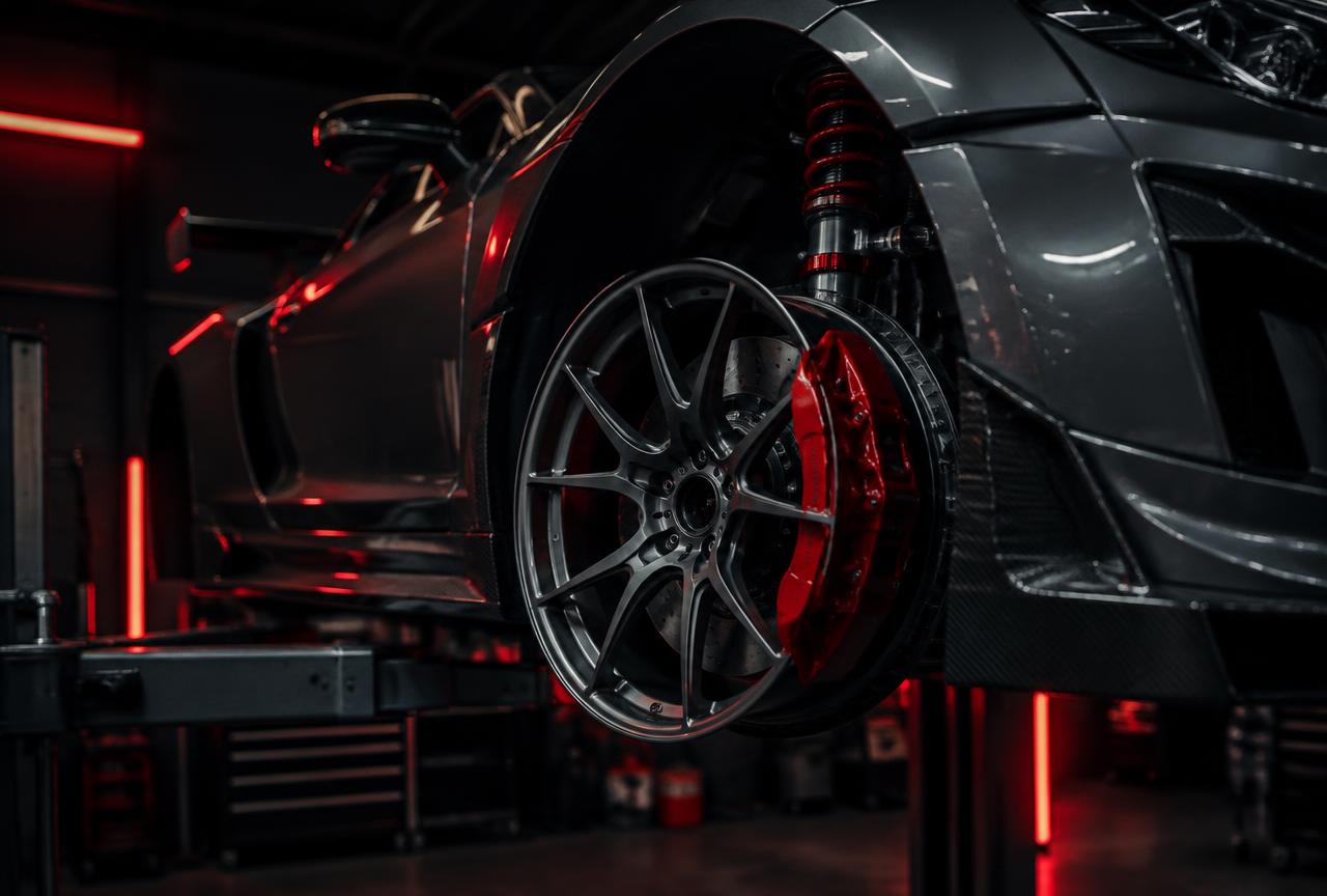 Sports car on a lift showing a red brake caliper and coilover